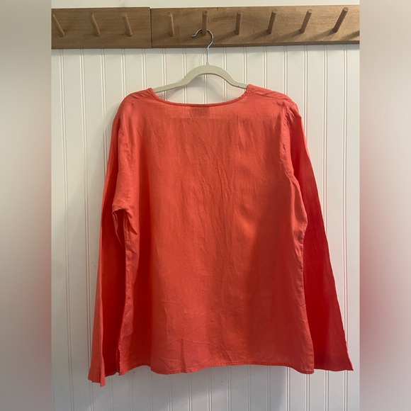 Talbots Irish Linen V Neck Long Sleeve Preppy Pink Tie Neck Coastal Size Large - Picture 6 of 7